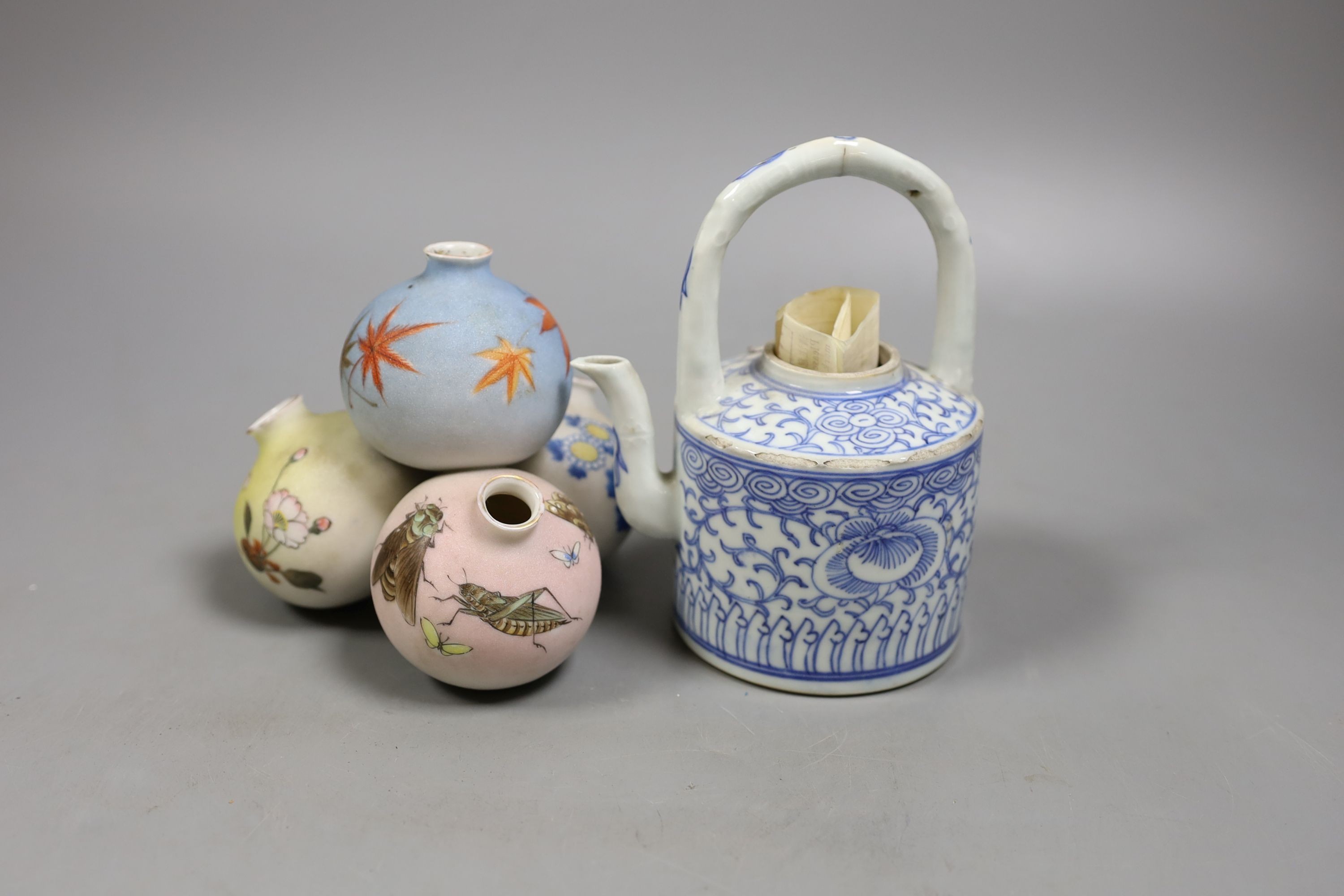 A Chinese blue and white teapot - no cover and a Japanese multiple globular posy vase, Teapot 15 cms high including handle.